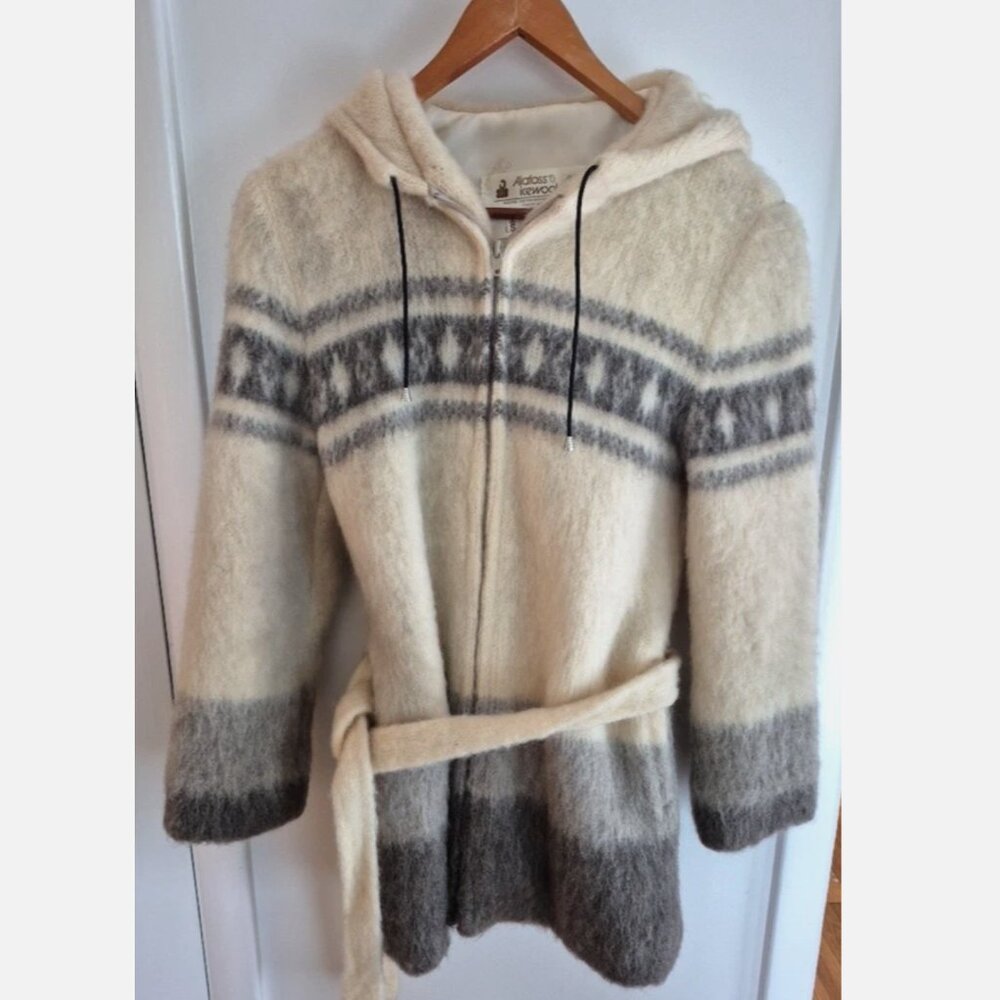 Alafos Vtg 60s 70s Icewool Icelandic Wool Sweater Jacket Small Nordic Hooded